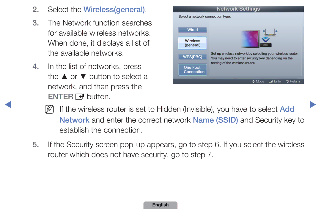 Samsung UE37D5000PWXXC, UE40D5000PWXTK, UE22D5000NWXXN, UE19D4000NWXXN, UE32D4010NWXZG manual Select the Wirelessgeneral 