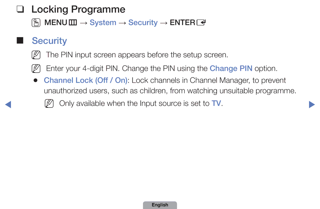 Samsung UE19D4010NWXXH, UE40D5000PWXTK, UE22D5000NWXXN manual Locking Programme, OOMENUm → System → Security → Entere 