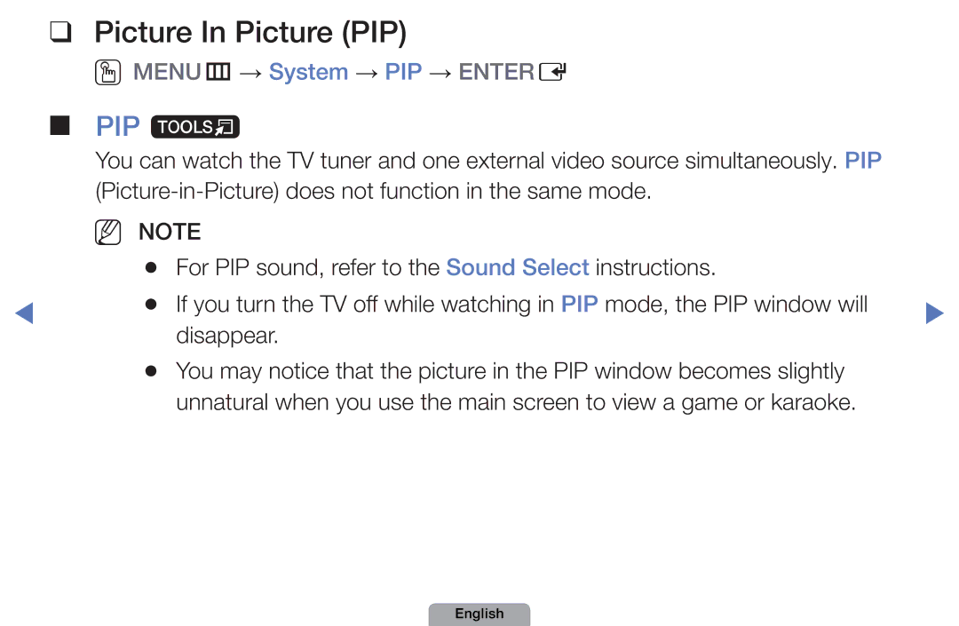 Samsung UE32D5800VWXBT, UE40D5000PWXTK, UE22D5000NWXXN manual Picture In Picture PIP, PIP t, OOMENUm → System → PIP → Entere 