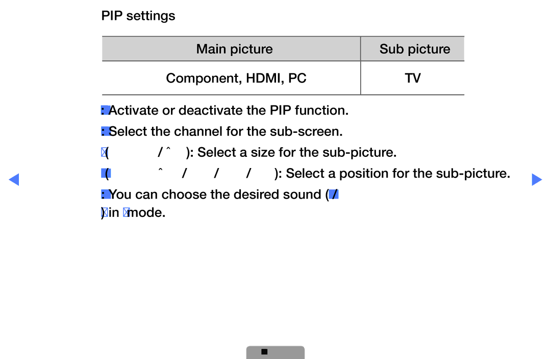 Samsung UE27D5000NWXBT, UE40D5000PWXTK, UE22D5000NWXXN PIP settings, PIP Off / On Activate or deactivate the PIP function 