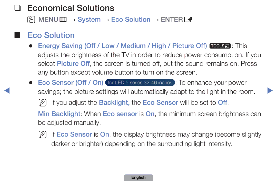 Samsung UE40D5800VWXBT, UE40D5000PWXTK, UE22D5000NWXXN Economical Solutions, OOMENUm → System → Eco Solution → Entere 