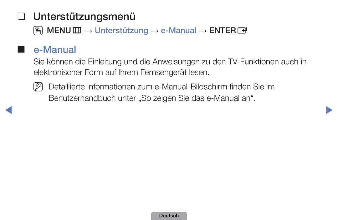 Samsung UE19D4010NWXXN, UE40D5000PWXTK, UE22D5000NWXXN Unterstützungsmenü, OOMENUm → Unterstützung → e-Manual → Entere 