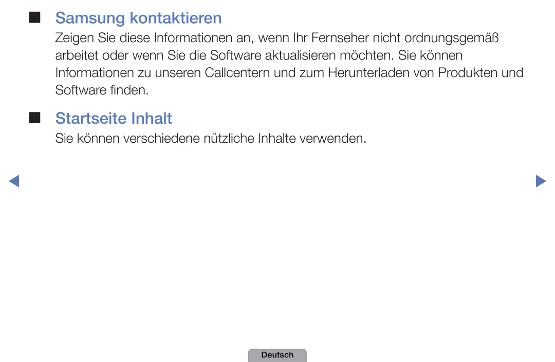 Samsung UE22D5010NWXZG manual Samsung kontaktieren, Startseite Inhalt, Sie können verschiedene nützliche Inhalte verwenden 