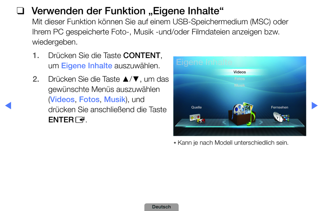 Samsung UE40D5000PWXXH Verwenden der Funktion „Eigene Inhalte, Um Eigene Inhalte auszuwählen, Gewünschte Menüs auszuwählen 