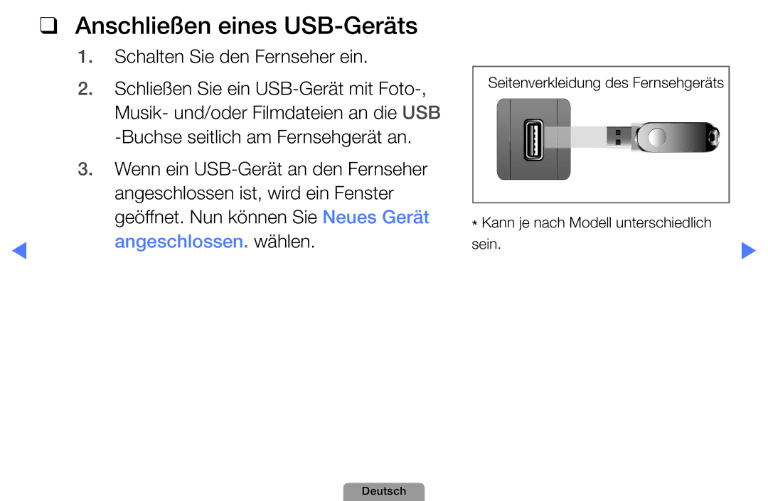 Samsung UE19D4010NWXZG, UE40D5000PWXTK, UE22D5000NWXXN manual Anschließen eines USB-Geräts, Schalten Sie den Fernseher ein 