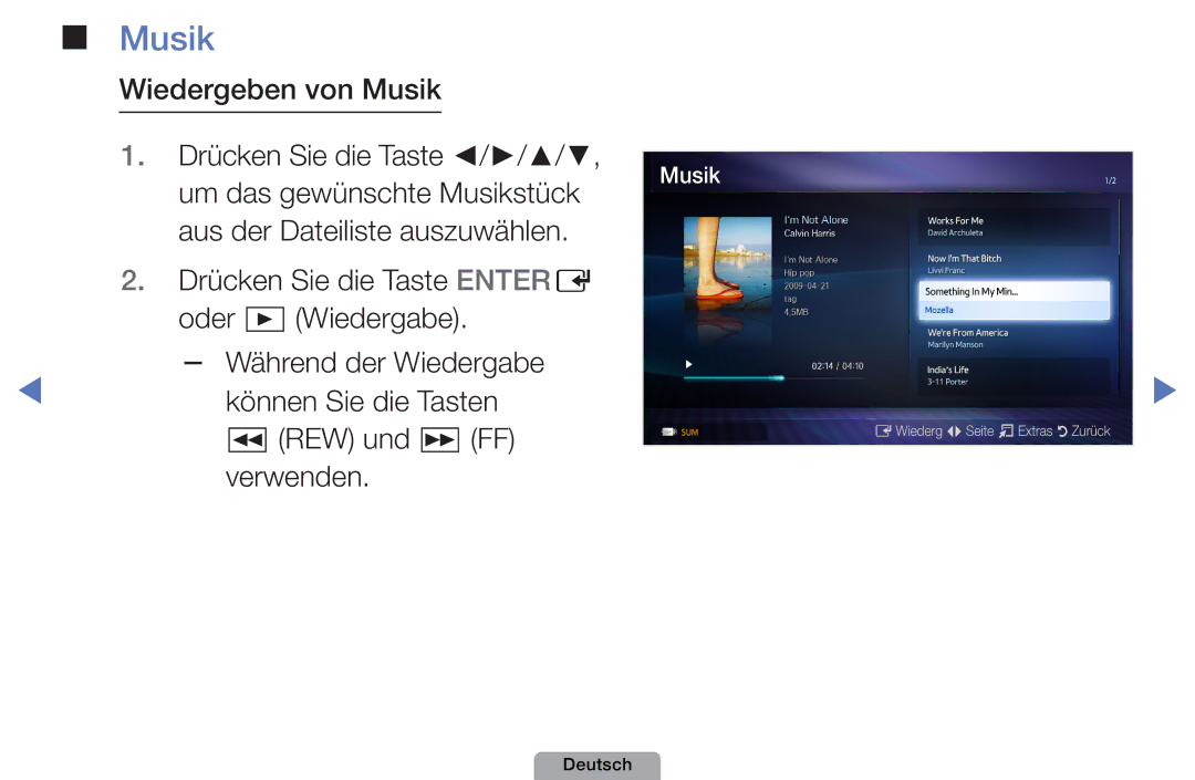 Samsung UE27D5000NWXZG, UE40D5000PWXTK, UE22D5000NWXXN manual Wiedergeben von Musik, Können Sie die Tasten, REW und µ FF 