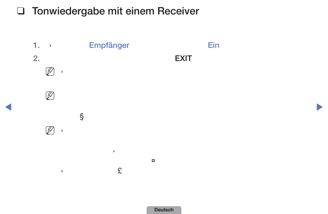 Samsung UE27D5000NWXXN, UE40D5000PWXTK, UE22D5000NWXXN, UE19D4000NWXXN, UE32D4010NWXZG manual Tonwiedergabe mit einem Receiver 