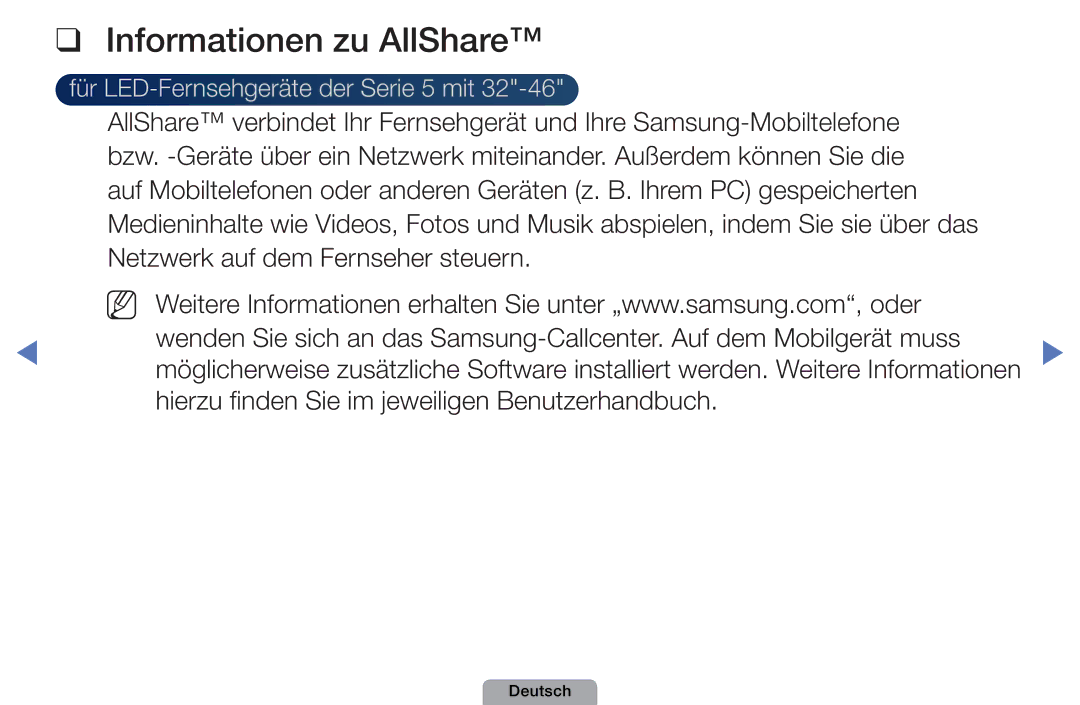 Samsung UE27D5010NWXZG, UE40D5000PWXTK manual Informationen zu AllShare, Hierzu finden Sie im jeweiligen Benutzerhandbuch 