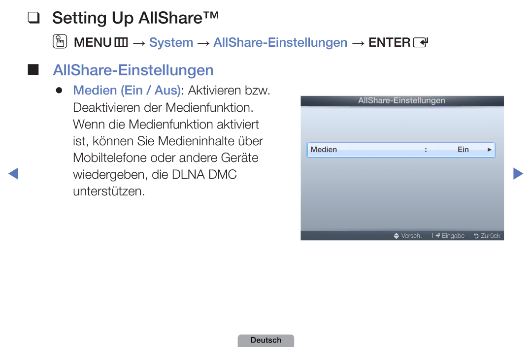 Samsung UE32D5000PWXXN, UE40D5000PWXTK manual Setting Up AllShare, OOMENUm → System → AllShare-Einstellungen → Entere 