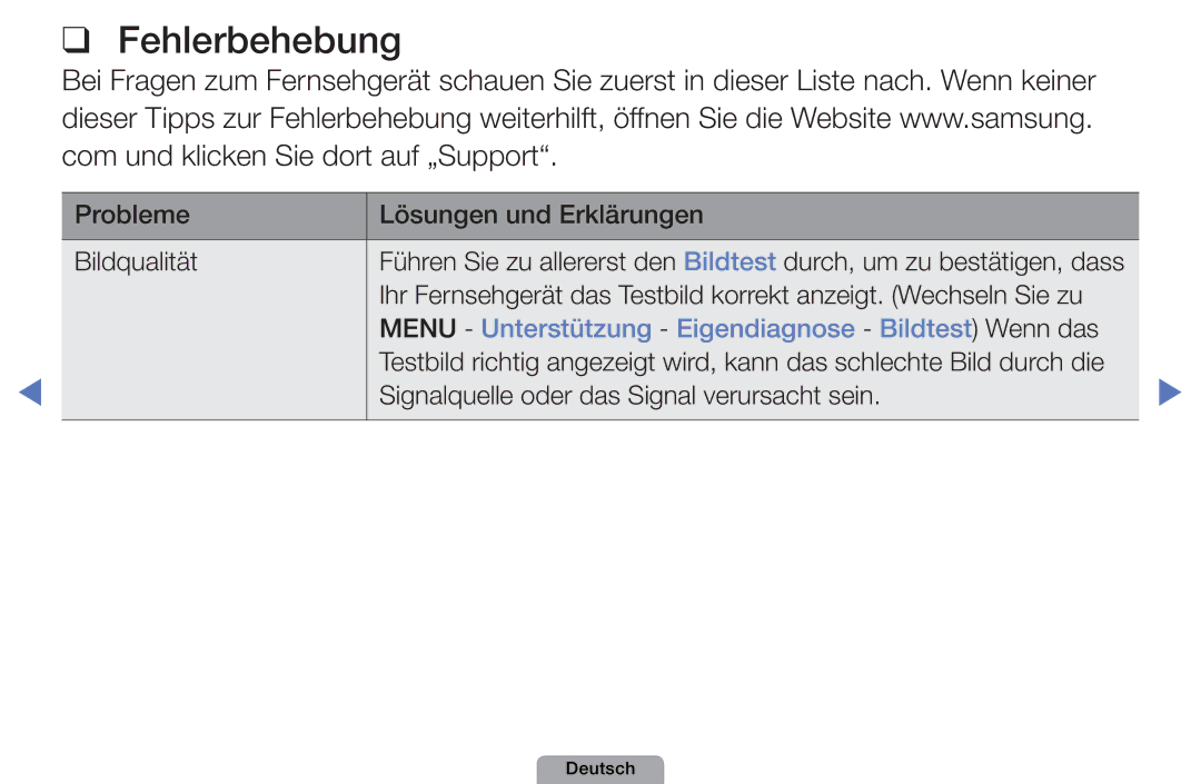 Samsung UE19D4010NWXXN, UE40D5000PWXTK, UE22D5000NWXXN Fehlerbehebung, Menu Unterstützung Eigendiagnose Bildtest Wenn das 