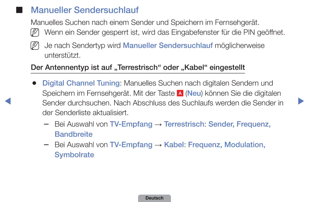 Samsung UE22D5010NWXZG, UE40D5000PWXTK, UE22D5000NWXXN, UE19D4000NWXXN, UE32D4010NWXZG manual Manueller Sendersuchlauf 