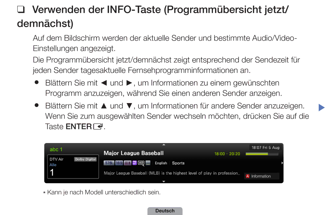 Samsung UE32D4010NWXZG, UE40D5000PWXTK, UE22D5000NWXXN manual Verwenden der INFO-Taste Programmübersicht jetzt/ demnächst 