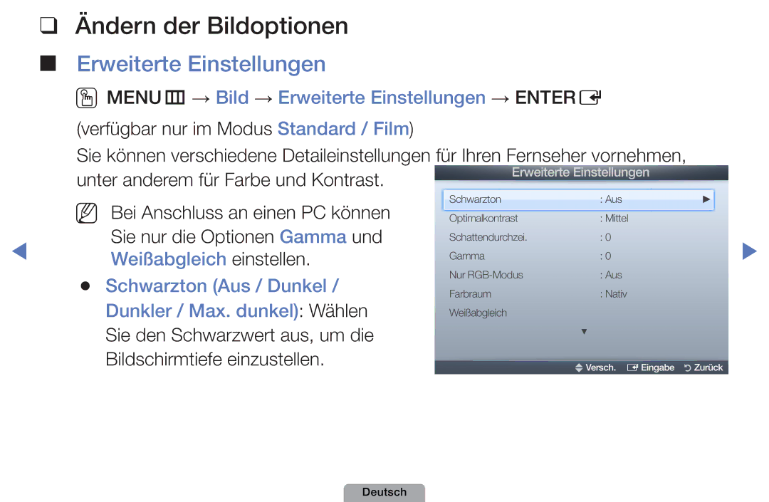 Samsung UE40D5000PWXZG, UE40D5000PWXTK, UE22D5000NWXXN, UE19D4000NWXXN Ändern der Bildoptionen, Erweiterte Einstellungen 