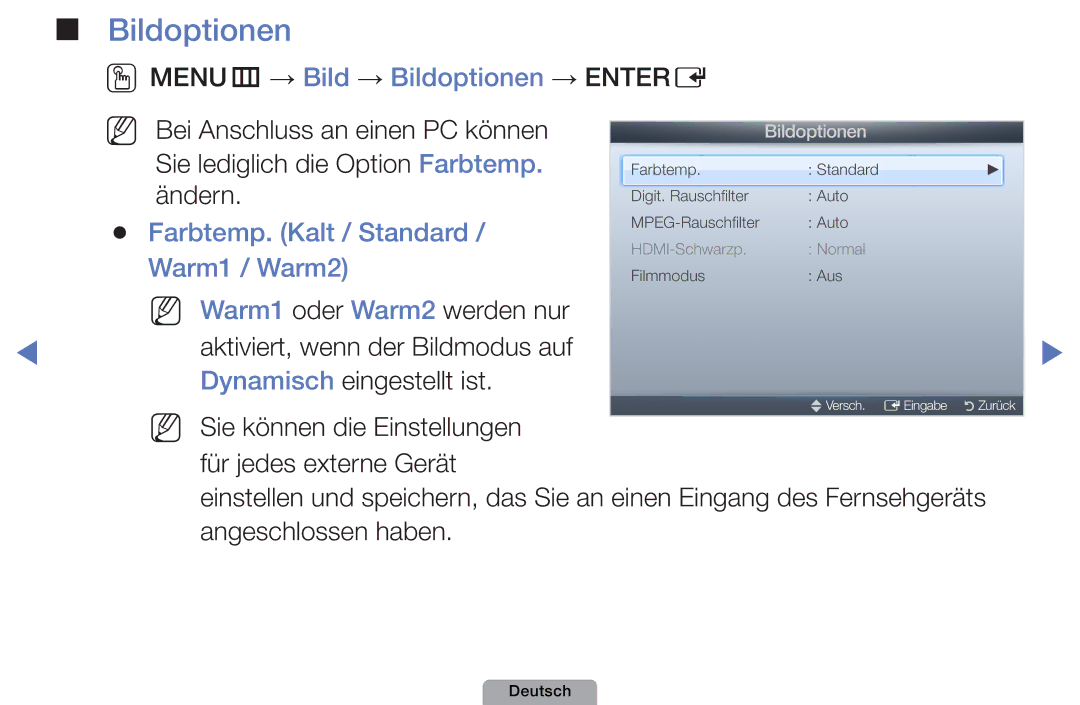 Samsung UE22D5000NWXZG manual OOMENUm → Bild → Bildoptionen → Entere, Farbtemp. Kalt / Standard, Warm1 / Warm2 