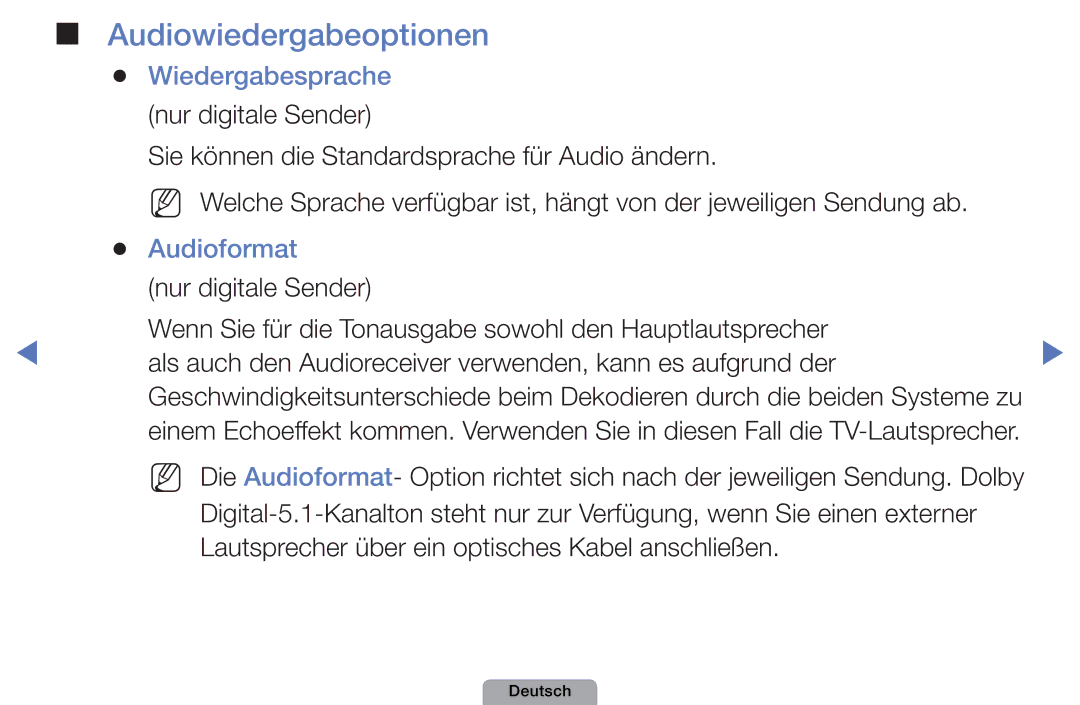 Samsung UE46D5000PWXXN, UE40D5000PWXTK, UE22D5000NWXXN manual Audiowiedergabeoptionen, Wiedergabesprache, Audioformat 