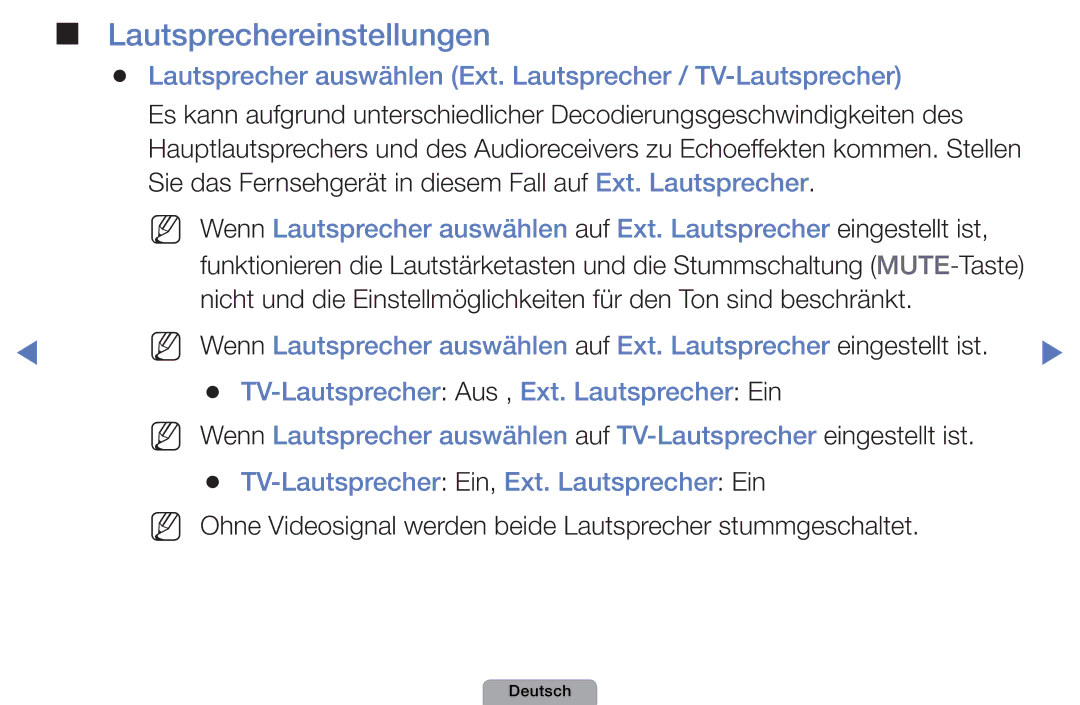 Samsung UE27D5010NWXXN manual Lautsprechereinstellungen, Lautsprecher auswählen Ext. Lautsprecher / TV-Lautsprecher 