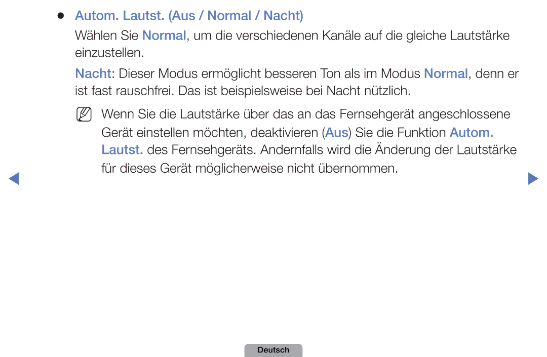 Samsung UE22D5010NWXZG Autom. Lautst. Aus / Normal / Nacht, Einzustellen, Für dieses Gerät möglicherweise nicht übernommen 