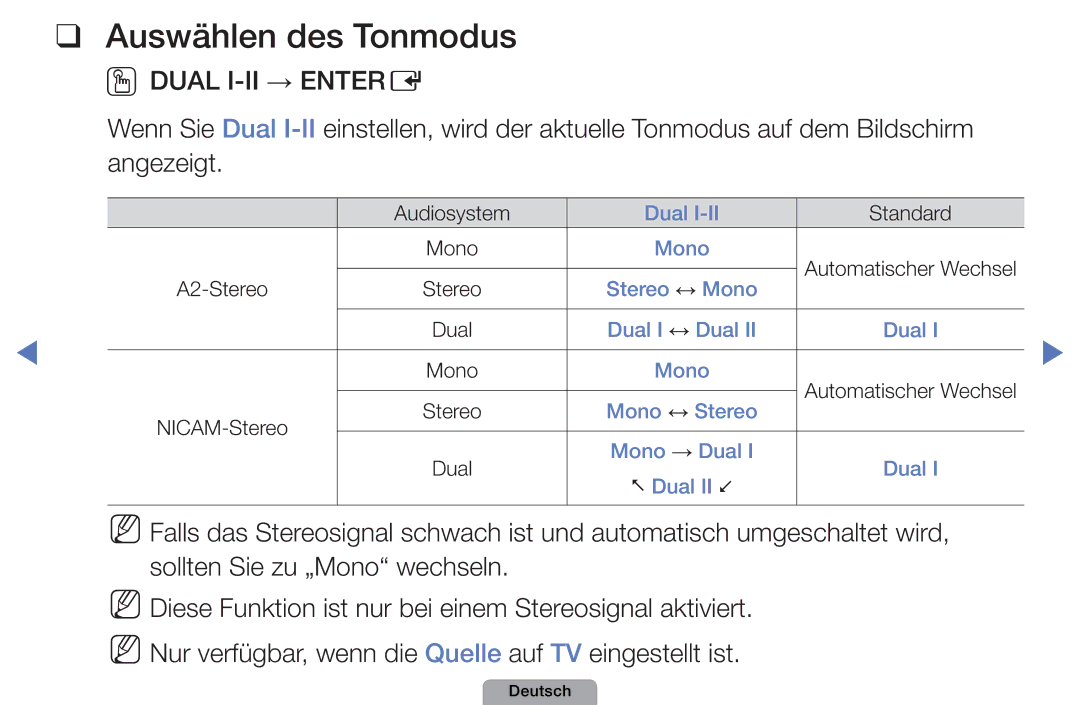 Samsung UE19D4010NWXZG, UE40D5000PWXTK, UE22D5000NWXXN, UE19D4000NWXXN manual Auswählen des Tonmodus, Oodual I-II → Entere 