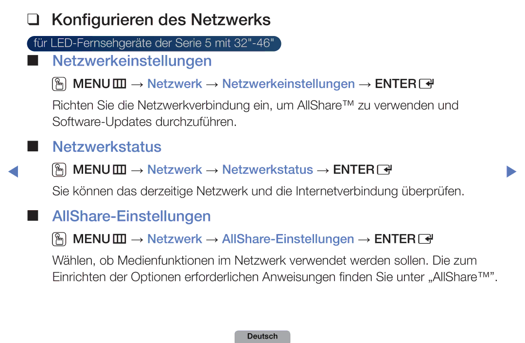 Samsung UE27D5000NWXXN manual Konfigurieren des Netzwerks, Netzwerkeinstellungen, Netzwerkstatus, AllShare-Einstellungen 