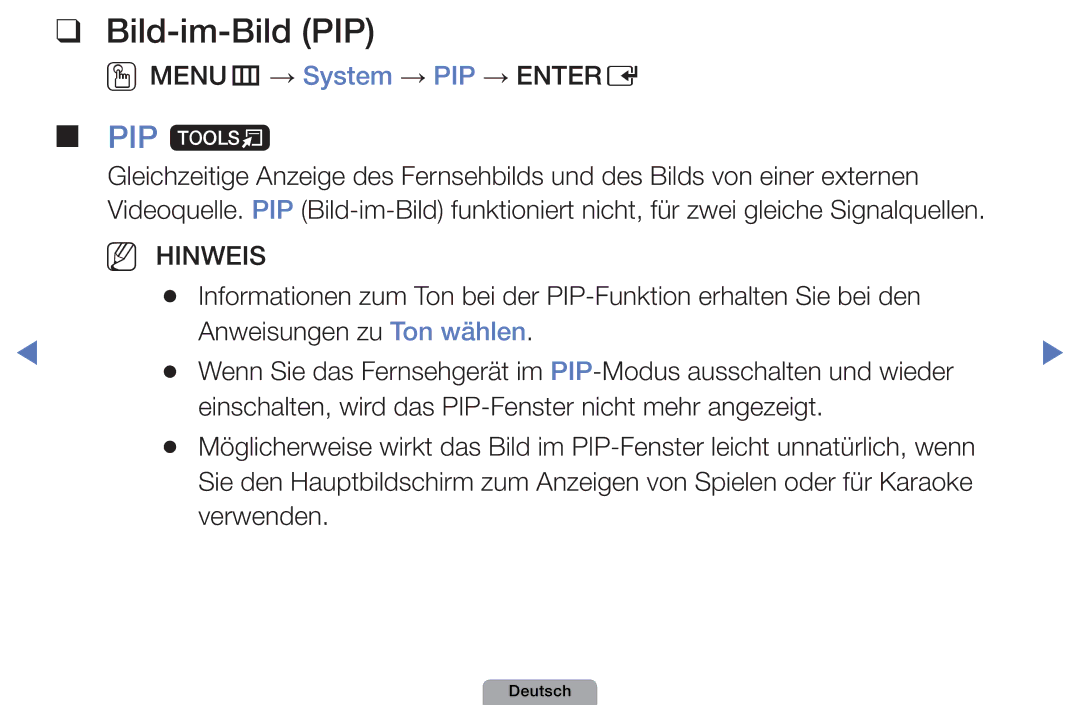 Samsung UE19D4000NWXXN, UE40D5000PWXTK, UE22D5000NWXXN manual Bild-im-Bild PIP, PIP t, OOMENUm → System → PIP → Entere 