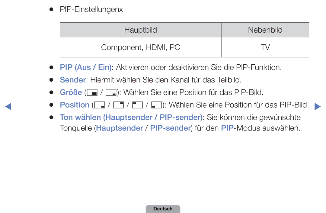 Samsung UE32D4010NWXZG, UE40D5000PWXTK manual PIP-Einstellungenx, Größe Õ / Ã Wählen Sie eine Position für das PIP-Bild 
