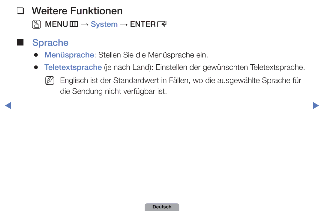 Samsung UE32D5000PWXZG, UE40D5000PWXTK, UE22D5000NWXXN manual Weitere Funktionen, Sprache, OOMENUm → System → Entere 