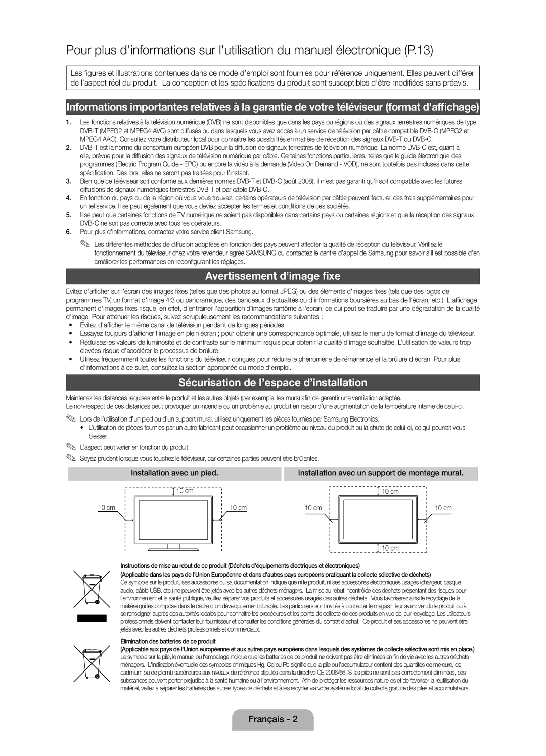 Samsung UE40D5000PWXTK, UE32D5000PWXXN, UE32D5000PWXZG Avertissement d’image fixe, Sécurisation de l’espace d’installation 