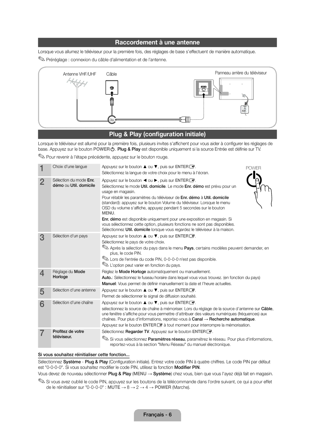 Samsung UE40D5000PWXZG, UE40D5000PWXTK, UE32D5000PWXXN manual Raccordement à une antenne, Plug & Play configuration initiale 