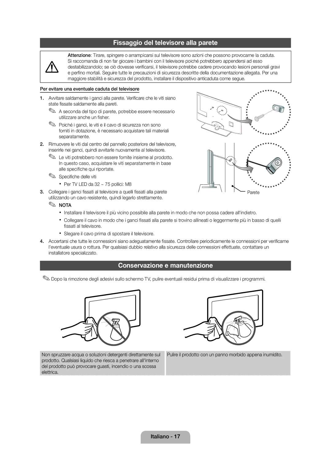 Samsung UE32D5000PWXXC, UE40D5000PWXTK, UE32D5000PWXXN Fissaggio del televisore alla parete, Conservazione e manutenzione 