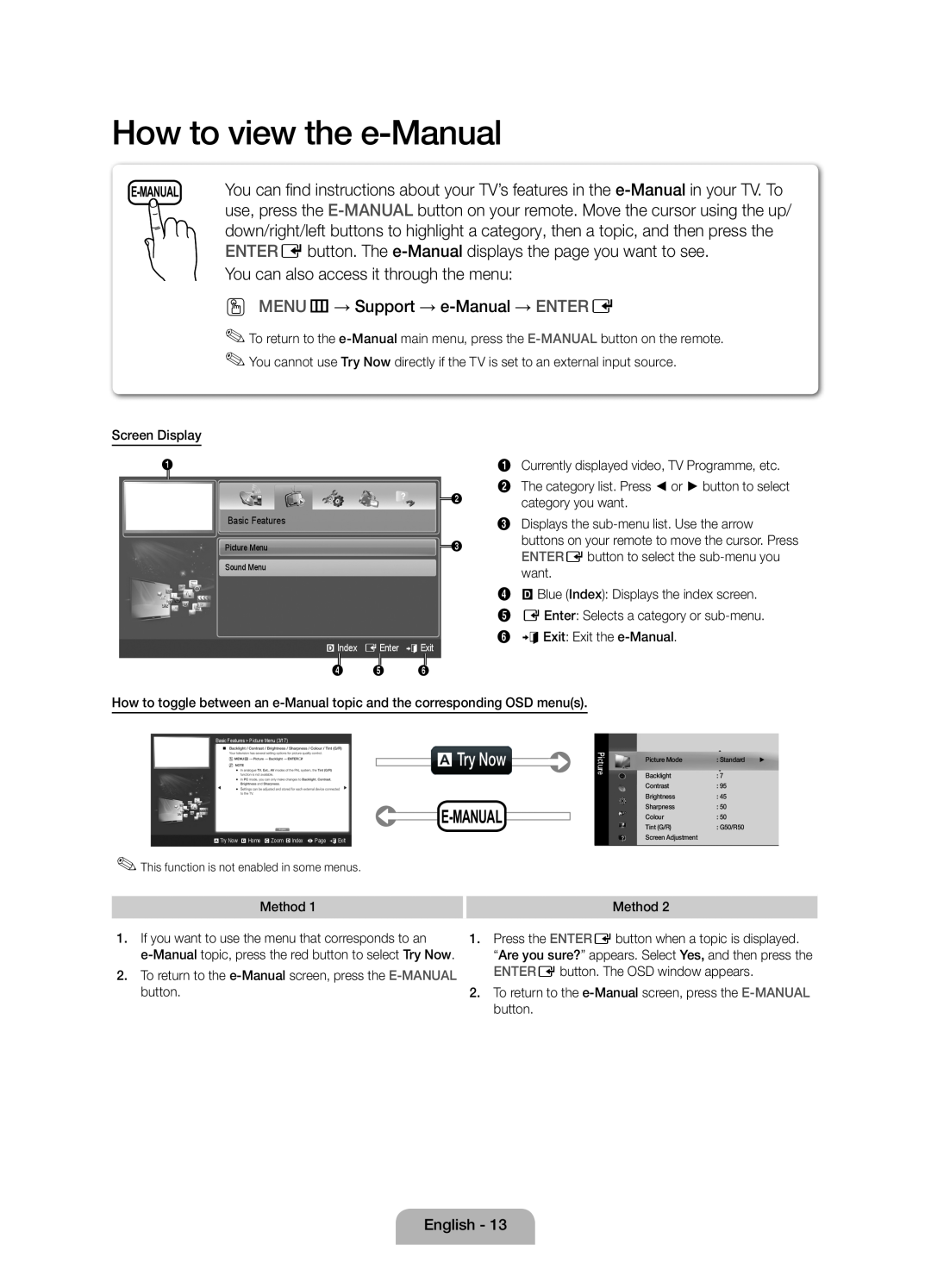 Samsung UE46D5000PWXZT, UE40D5000PWXTK, UE32D5000PWXXN, UE32D5000PWXZG manual How to view the e-Manual, aTry Now, E-Manual 