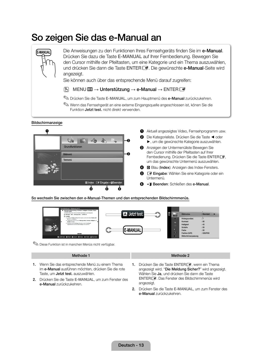 Samsung UE40D5000PWXXC So zeigen Sie das e-Manual an, aJetzt test, angezeigt, OO MENUm→ Unterstützung → e-Manual → ENTERE 