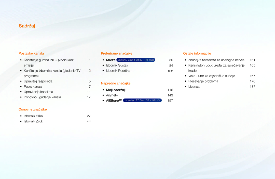 Samsung UE46D5000PWXXH, UE40D5000PWXXH, UE32D5000PWXXH, UE22D5000NWXXH, UE32D4000NWXXH, UE32D4010NWXXH, UE37D5000PWXXH Sadržaj 