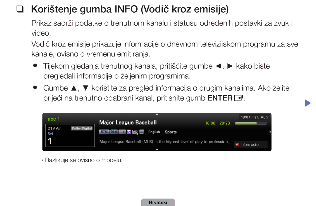 Samsung UE22D5000NWXXH, UE40D5000PWXXH, UE32D5000PWXXH, UE46D5000PWXXH manual Korištenje gumba Info Vodič kroz emisije 