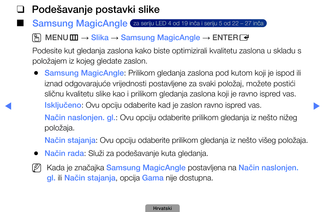 Samsung UE37D5000PWXXH, UE40D5000PWXXH manual Podešavanje postavki slike, OOMENUm → Slika → Samsung MagicAngle → Entere 