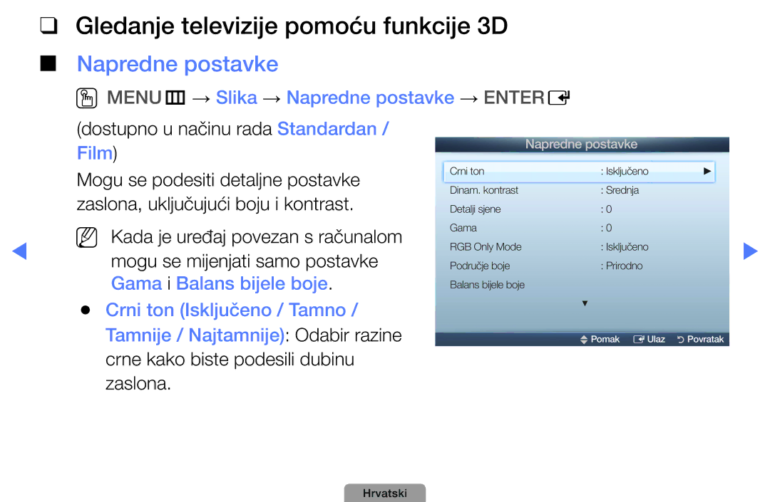 Samsung UE22D5000NWXXH, UE40D5000PWXXH, UE32D5000PWXXH manual Gledanje televizije pomoću funkcije 3D, Napredne postavke 