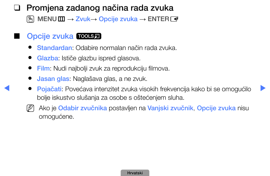 Samsung UE22D5010NWXXH manual Promjena zadanog načina rada zvuka, Opcije zvuka t, OOMENUm → Zvuk→ Opcije zvuka → Entere 