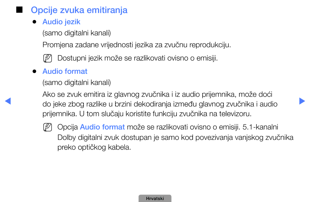 Samsung UE32D5000PWXXH, UE40D5000PWXXH, UE46D5000PWXXH, UE22D5000NWXXH Opcije zvuka emitiranja, Audio jezik, Audio format 