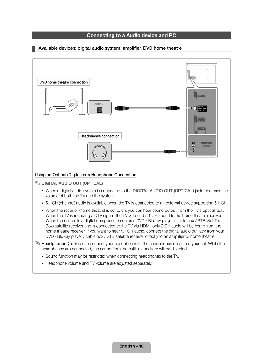 Samsung UE32D5707RKXXE manual Connecting to a Audio device and PC, Using an Optical Digital or a Headphone Connection 