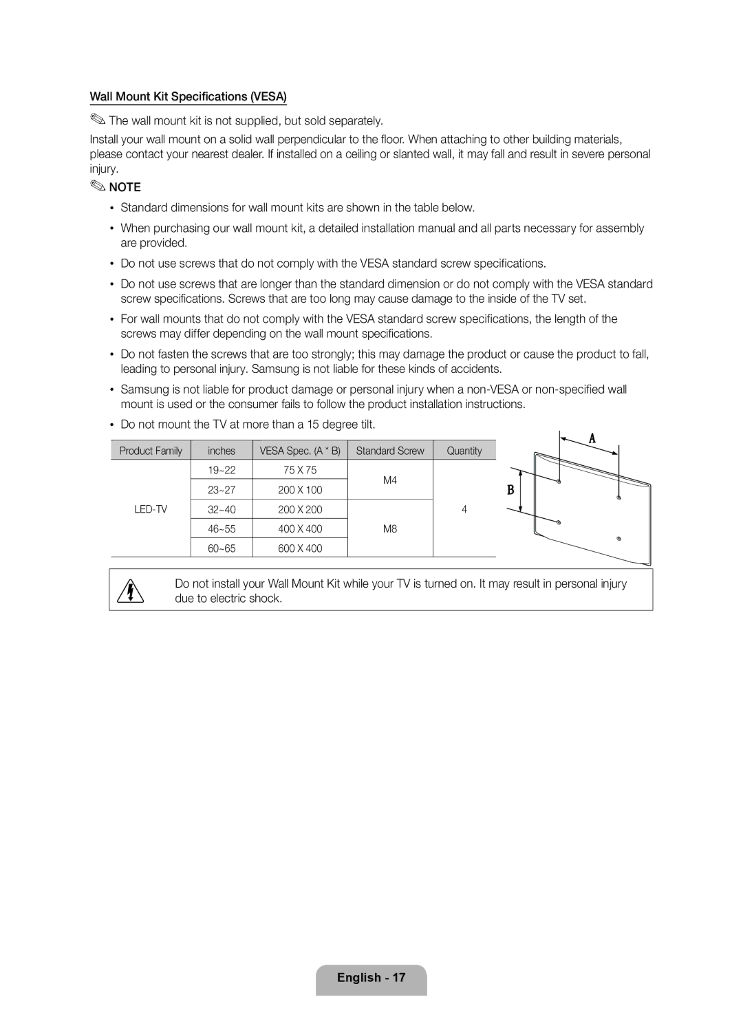 Samsung UE40D5727RKXXE, UE40D5707RKXXE, UE46D5707RKXXE, UE46D5727RKXXE Xx Do not mount the TV at more than a 15 degree tilt 