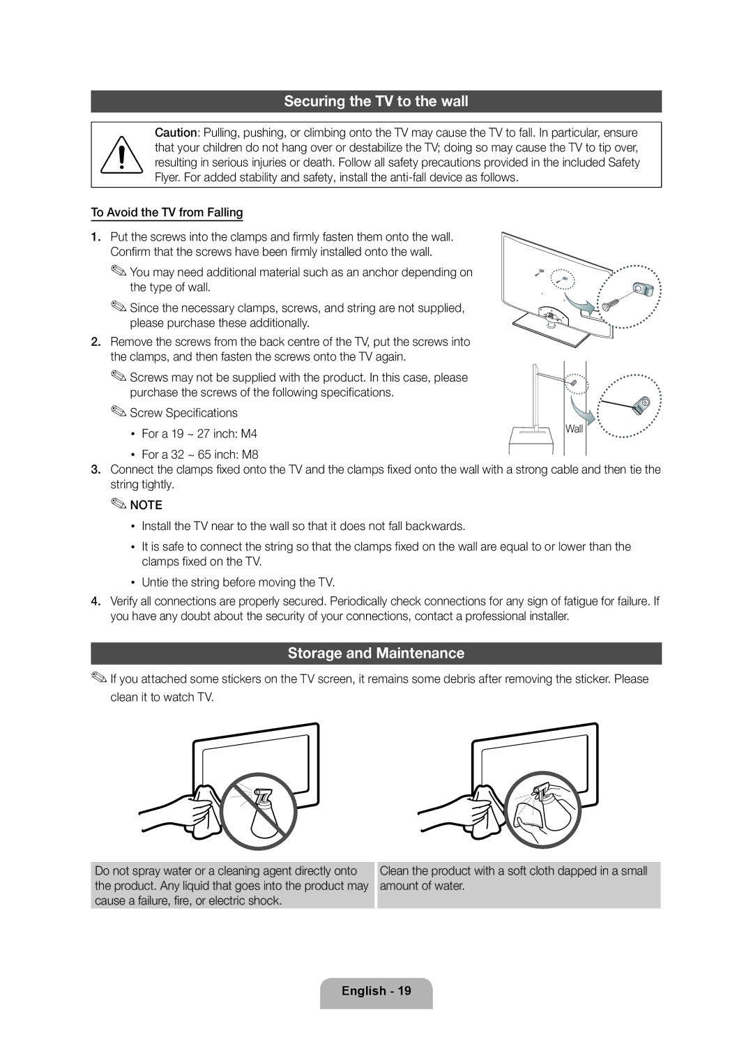 Samsung UE46D5707RKXXE, UE40D5707RKXXE, UE46D5727RKXXE manual Securing the TV to the wall, Storage and Maintenance, Wall 