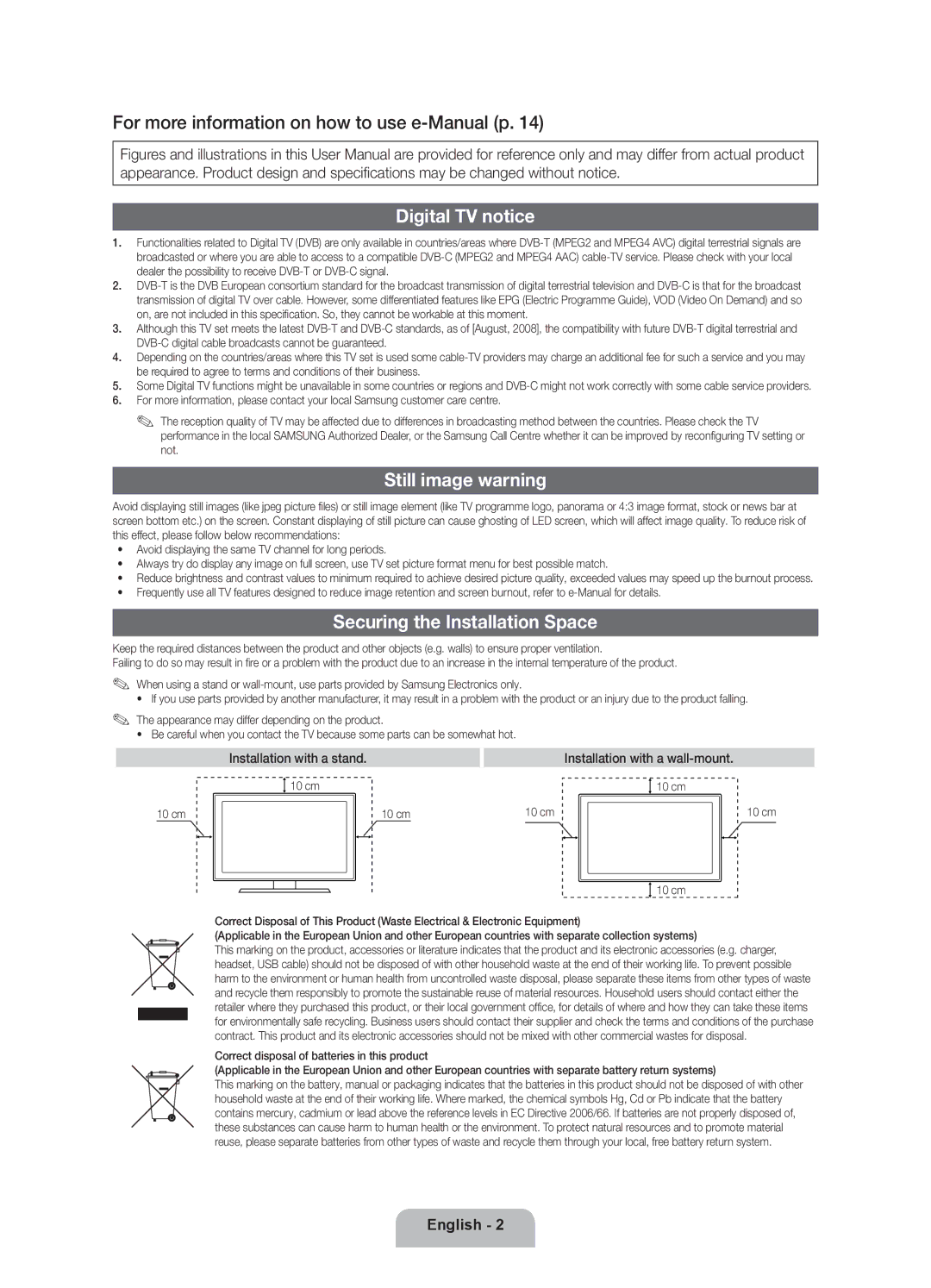 Samsung UE46D5727RKXXE, UE40D5707RKXXE manual Digital TV notice, Still image warning, Securing the Installation Space, 10 cm 