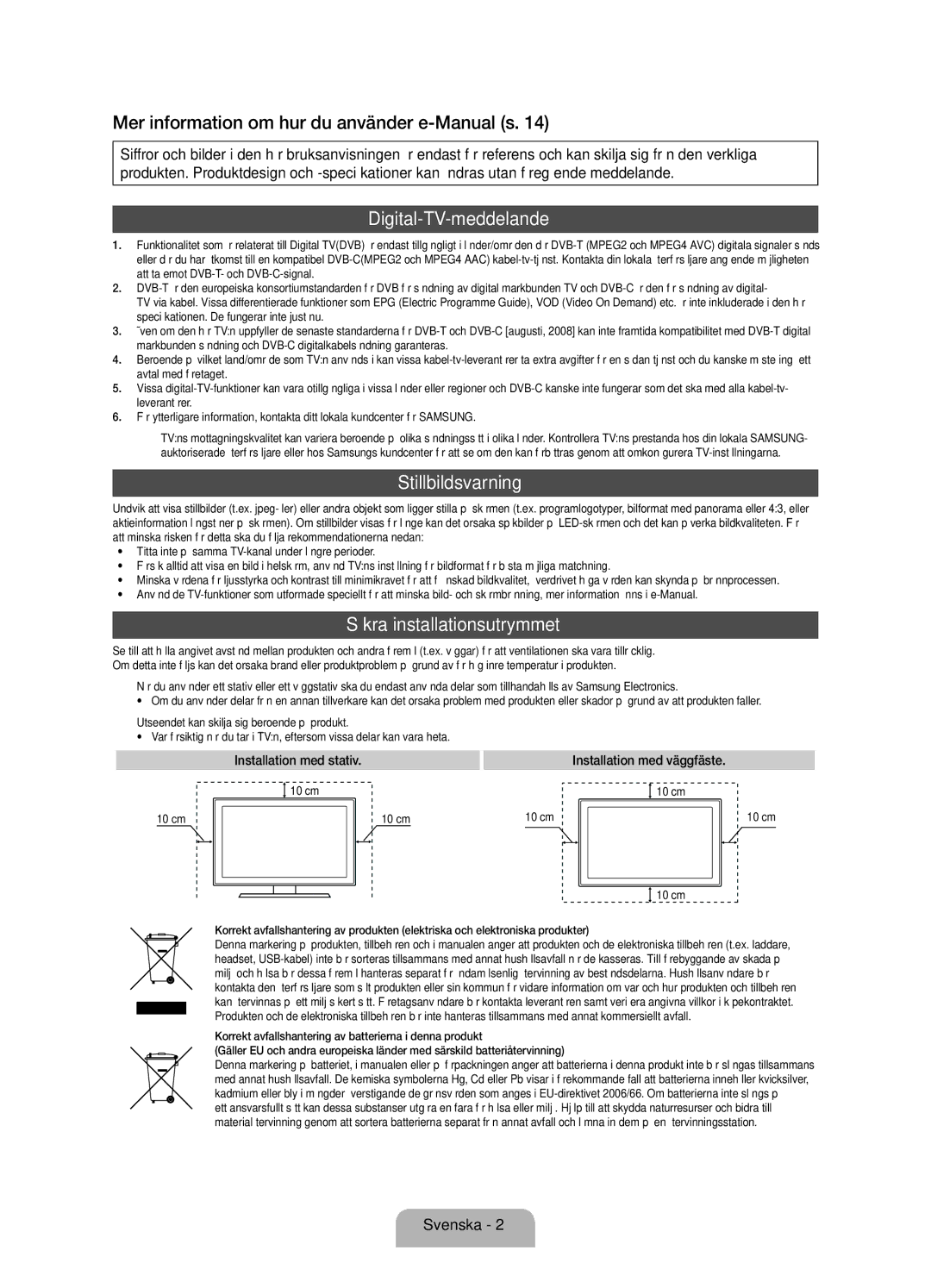 Samsung UE32D5707RKXXE, UE40D5707RKXXE manual Digital-TV-meddelande, Stillbildsvarning, Säkra installationsutrymmet 