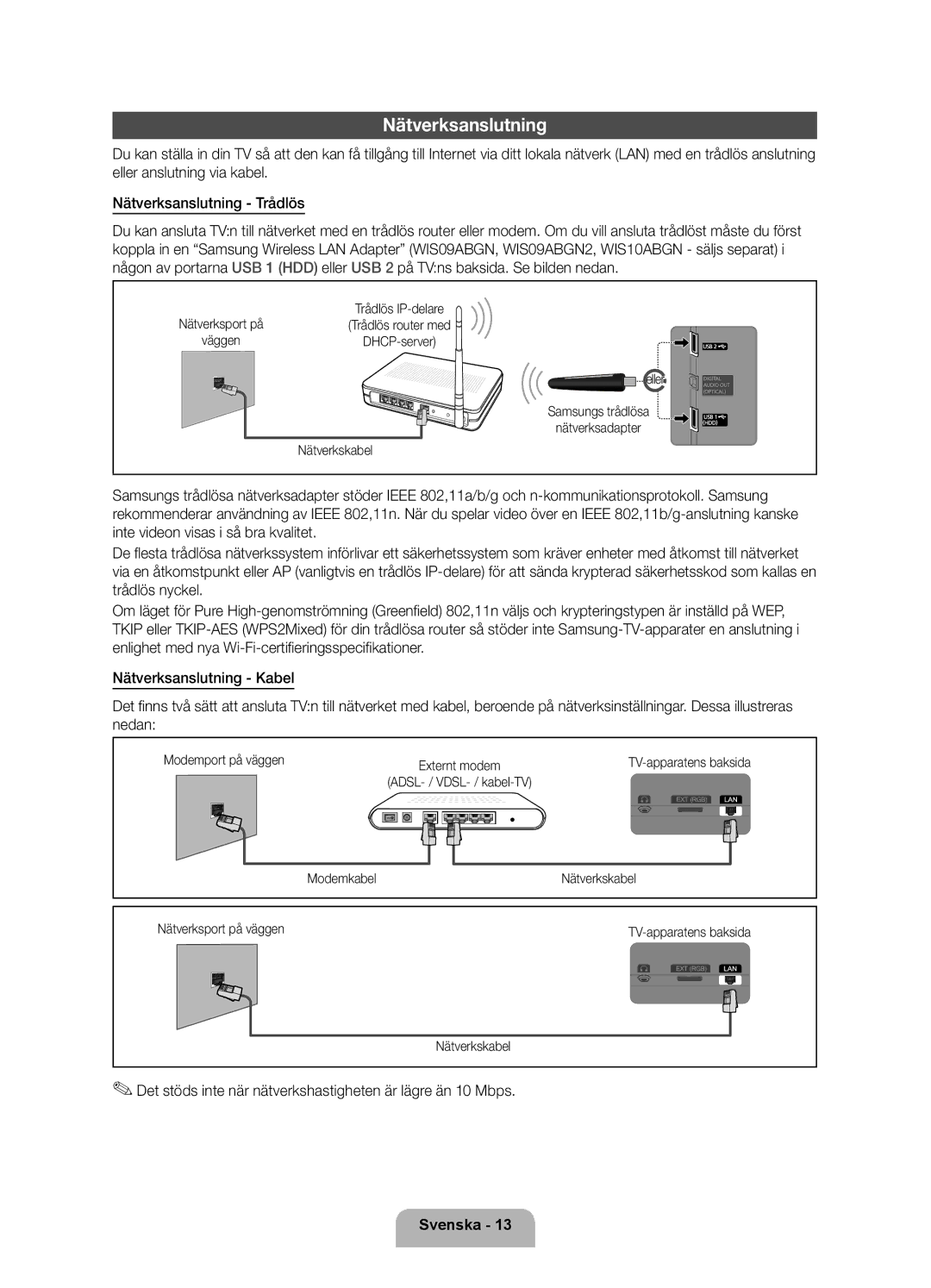 Samsung UE32D5727RKXXE, UE40D5707RKXXE manual Nätverksanslutning, Det stöds inte när nätverkshastigheten är lägre än 10 Mbps 