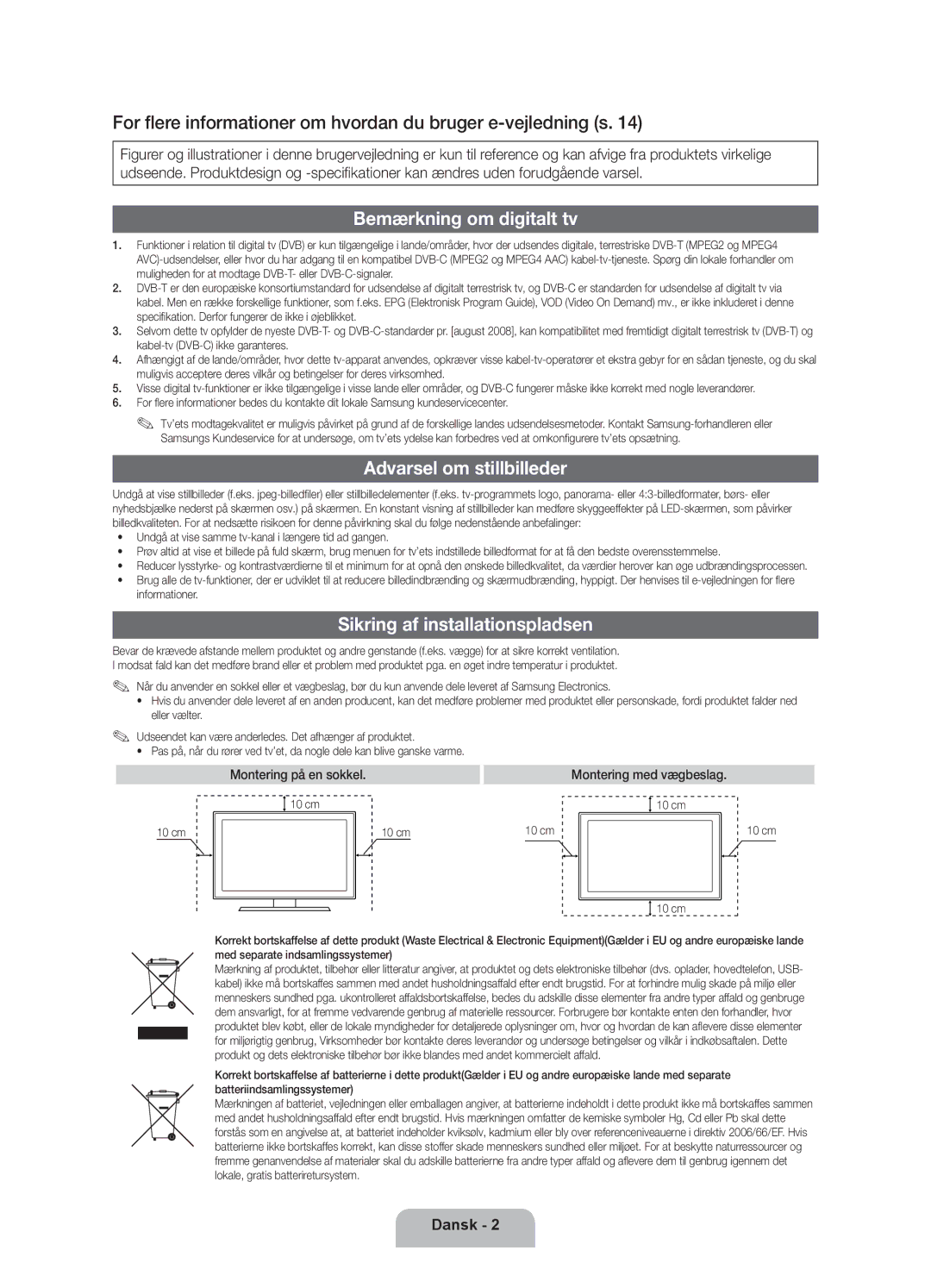 Samsung UE40D5707RKXXE, UE46D5707RKXXE, UE46D5727RKXXE manual Bemærkning om digitalt tv, Sikring af installationspladsen 