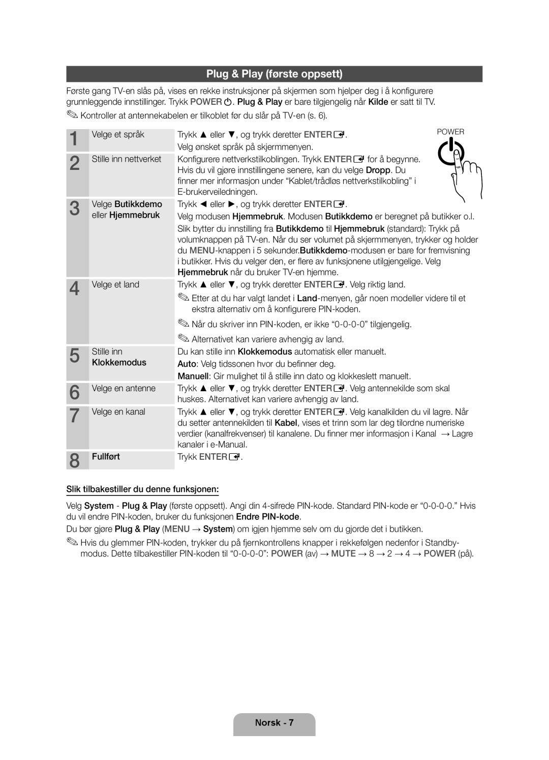 Samsung UE46D5707RKXXE, UE40D5707RKXXE, UE46D5727RKXXE, UE32D5727RKXXE, UE32D5707RKXXE manual Plug & Play første oppsett 