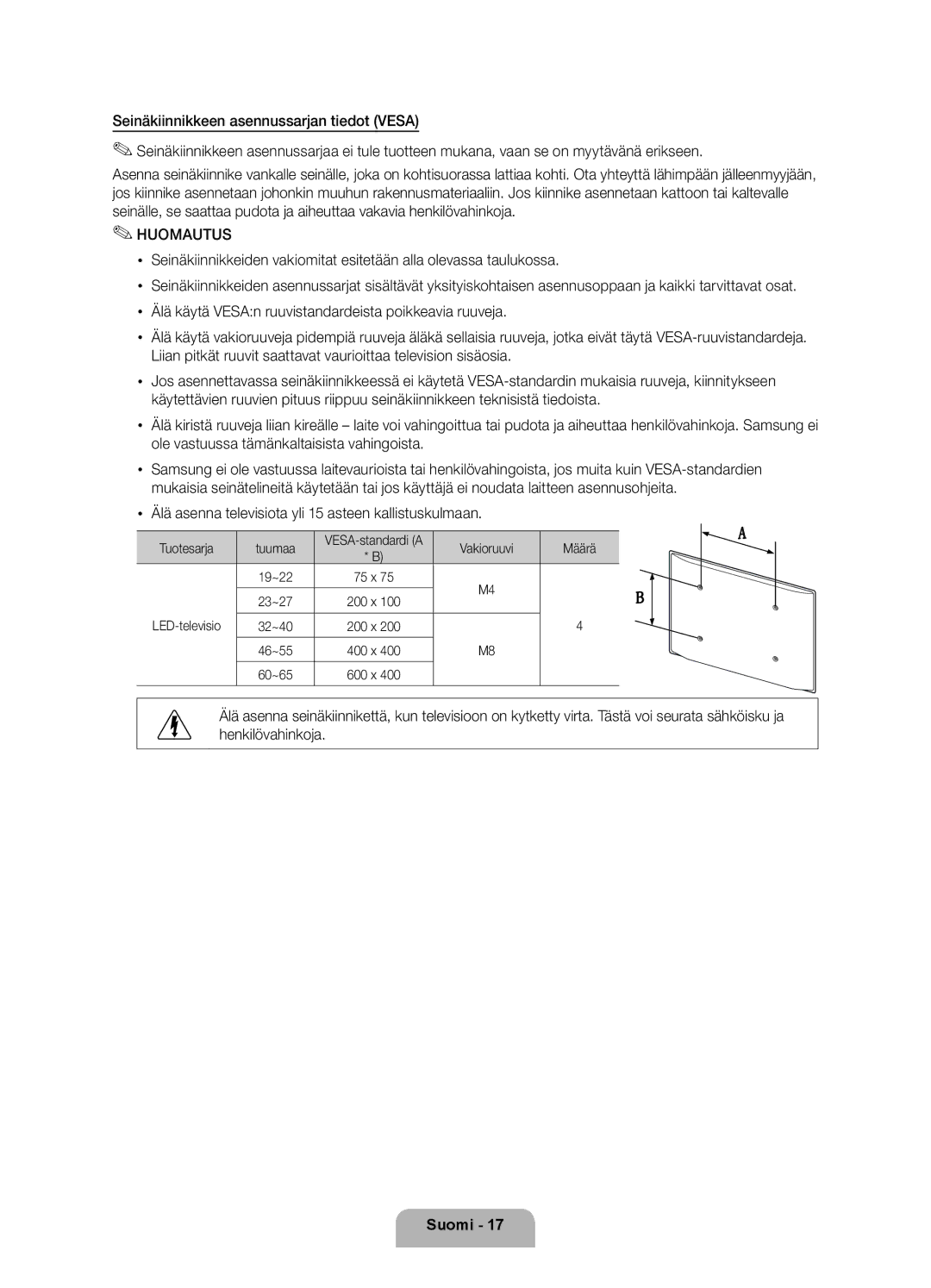 Samsung UE46D5707RKXXE manual Xx Älä asenna televisiota yli 15 asteen kallistuskulmaan, VESA-standardi a, LED-televisio 