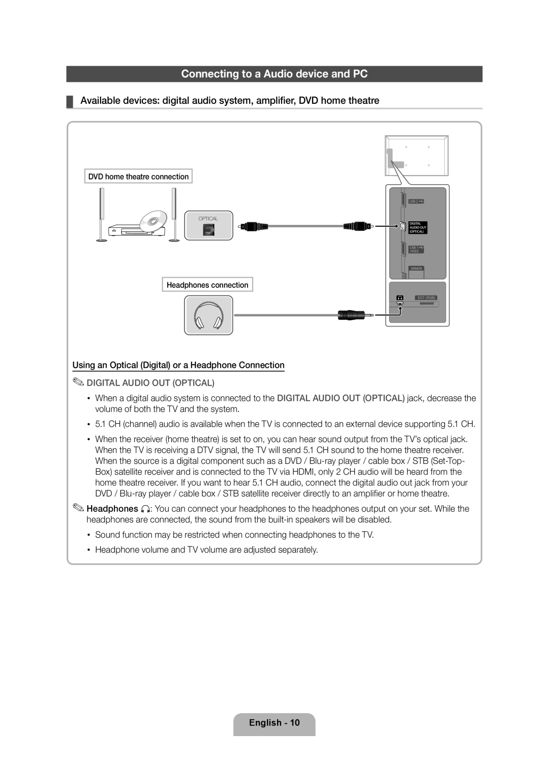 Samsung UE37D5720RSXXN manual Connecting to a Audio device and PC, Using an Optical Digital or a Headphone Connection 