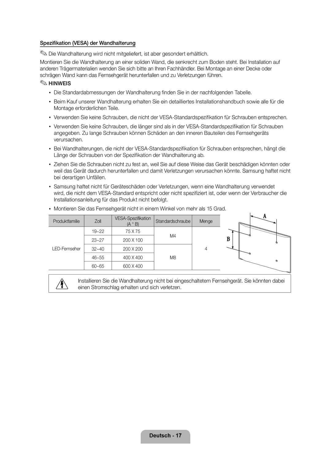 Samsung UE46D5700RSXZF VESA-Spezifikation Standardschraube, 19~22 75 X 23~27 200 X, 32~40 200 X 46~55 400 X 60~65 600 X 