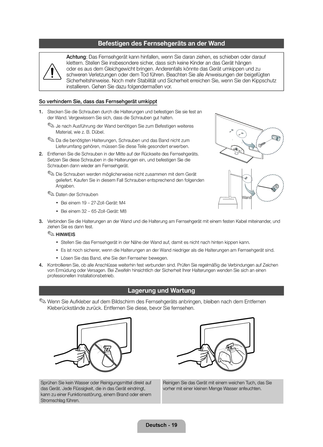 Samsung UE32D5720RSXZG, UE40D5720RSXXN, UE37D5700RSXZG manual Befestigen des Fernsehgeräts an der Wand, Lagerung und Wartung 