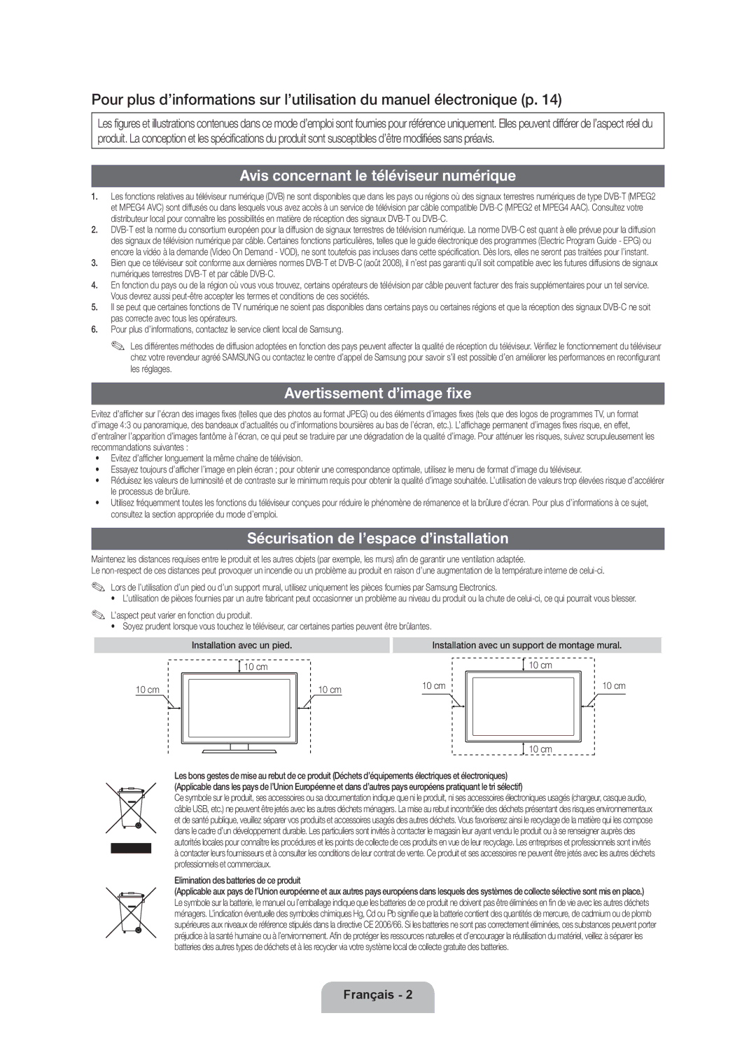 Samsung UE32D5700RSXZG, UE40D5720RSXXN, UE32D5720RSXZG Avis concernant le téléviseur numérique, Avertissement d’image fixe 